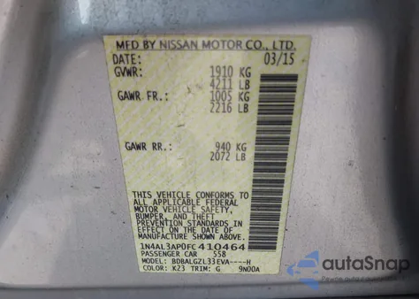 2015 Nissan Altima 2.5 S z USA, uszkodzony, nr VIN 1N4AL3AP0FC410464